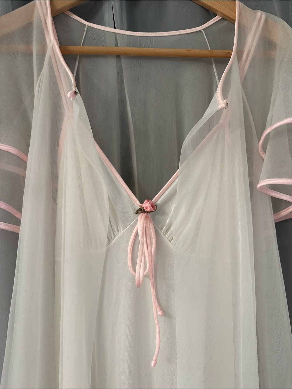 Sheer Ivory Chemise with Pink Trim Tie Front - Picture 2 of 3